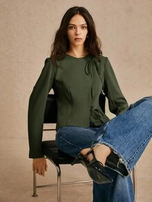 Poéselle 女士领带西装外套办公室装纯色前领带长袖休闲常规夹克袖子上有纽扣细节和不对称领带门襟秋冬秋季服装女式长袖秋季服装西装外套女式西装外套 - 軍綠色 - 查看 6