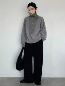FRIFUL Women's High Neck Half-Zip Contrast Color Patchwork Loose Ribbed Knit Sweater, Warm & Thick - Grey - View 2