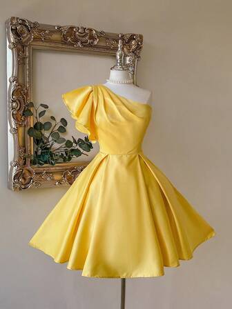 Lovelzi Elegant Luxe Asymmetrical Neck Mini Cap Sleeve Ruched Satin Dress, Suitable For Wedding, Party, Vacation, Bridal Gift, Bride