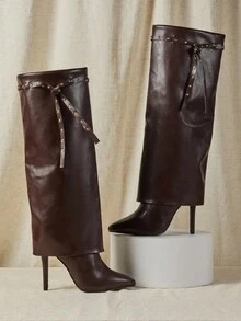 SHUZIA Women's Glamorous Pointy Toe Stiletto Heel Knee High Boots With Rivet Strap Decor - Chocolate Brown - View 6