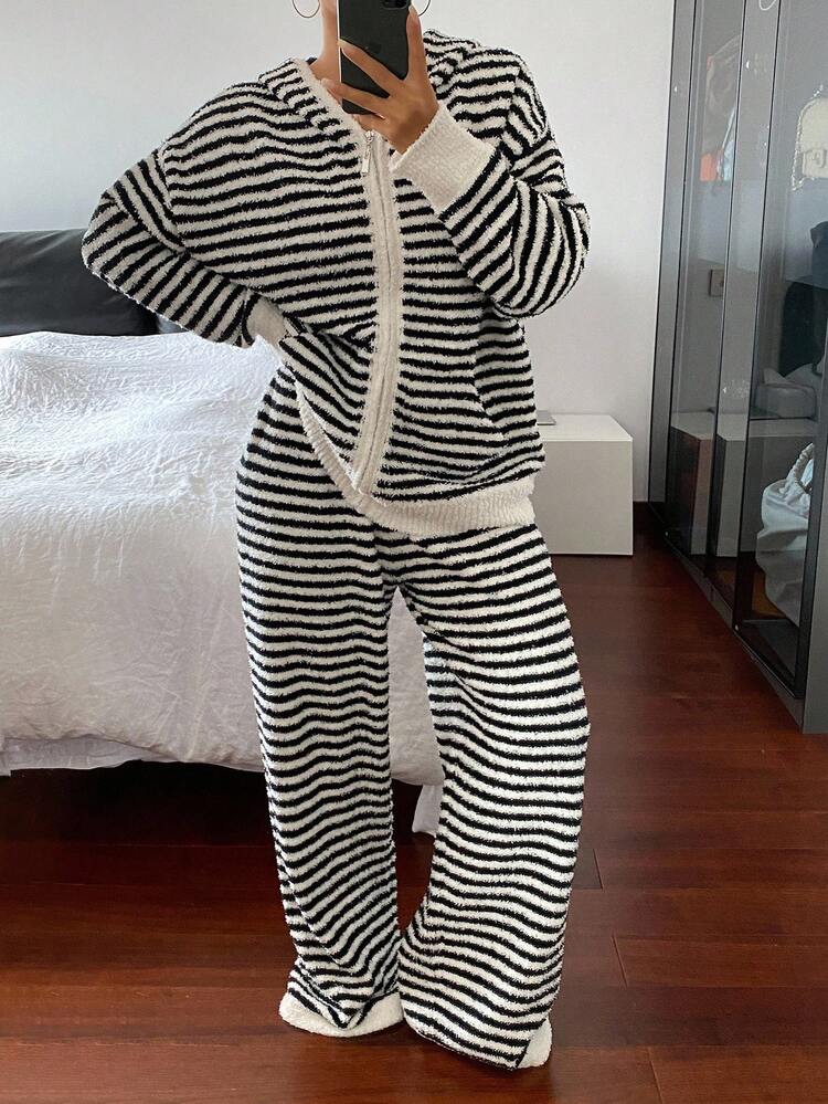 DAZY Set de 2 piezas de pijama con top de manga larga holgado de punto a rayas y pantalones para mujer, ropa de estar por casa casual para otoño/invierno, ropa de otoño, conjunto cálido y esponjoso con forro térmico - Multicolor - Añade 7