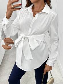 SHEIN 孕妇休闲纯色系腰衬衫 - 白色 - 查看 4