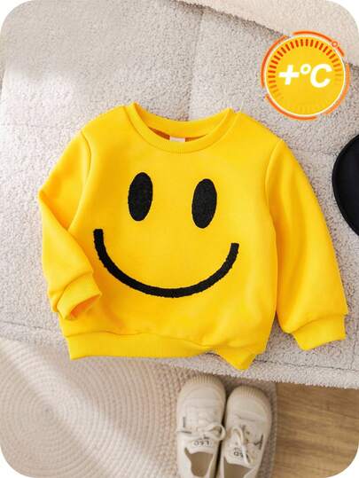 SHEIN Baby Boys Thermal Lined Cozy Casual Cute 3D Face Pattern Long Sleeve Crew Neck Sweatshirts, Suitable For Indoor, Outdoor, Daily Wear, Sports, Play, Party Holiday, Back To School, Streetwear, Joggers, Tracksuit, Halloween, Spring/Summer/Autumn/Winter Fall