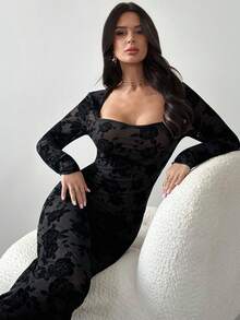 Firerie Women's Black Flocked Floral Elegant Fitted Midi Dress, Bustier Dress, Vintage Dress, Spring/Summer/Autumn, Elegant, Work, Sexy, Romantic, Date, Party, Wedding, Graduation, Performance, Concert, Work Attire, Back To School, Women's Birthday Dress,New Year Clothes