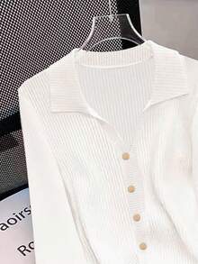 Franclia Women's Button Design White Casual Long Sleeve T-Shirt - White - View 4