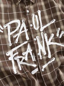 ROMWE MEN Paul Frank X ROMWE 男士休闲宽松字母、卡通和格子印花落肩衬衫，夏季时尚街头风格 - 棕色 - 查看 3