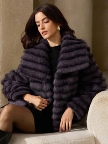 Revavyn 时尚别致的简约设计翻领人造毛皮夹克，美观优雅 - 紫色 - 查看 6