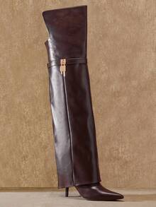 SHUZIA Women Fashion Comfortable Folded Over Over-Knee Heeled Boots With Lock Decor For Christmas - Chocolate Brown - View 5