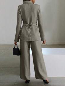 SHEIN LUNE 2件套女士纯色长袖上衣和系腰裤套装 - 軍綠色 - 查看 2