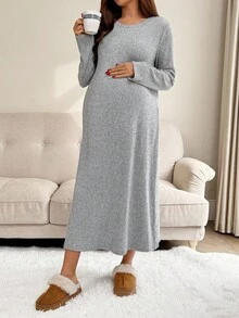 SHEIN Đầm thun trơn cổ tròn tay dài dáng rộng thoải mái cho bà bầu - Xám - Xem 3