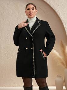 Chikora 秋冬大码女式翻领长袖羊毛混纺加厚夹克 - 黑色 - 查看 5