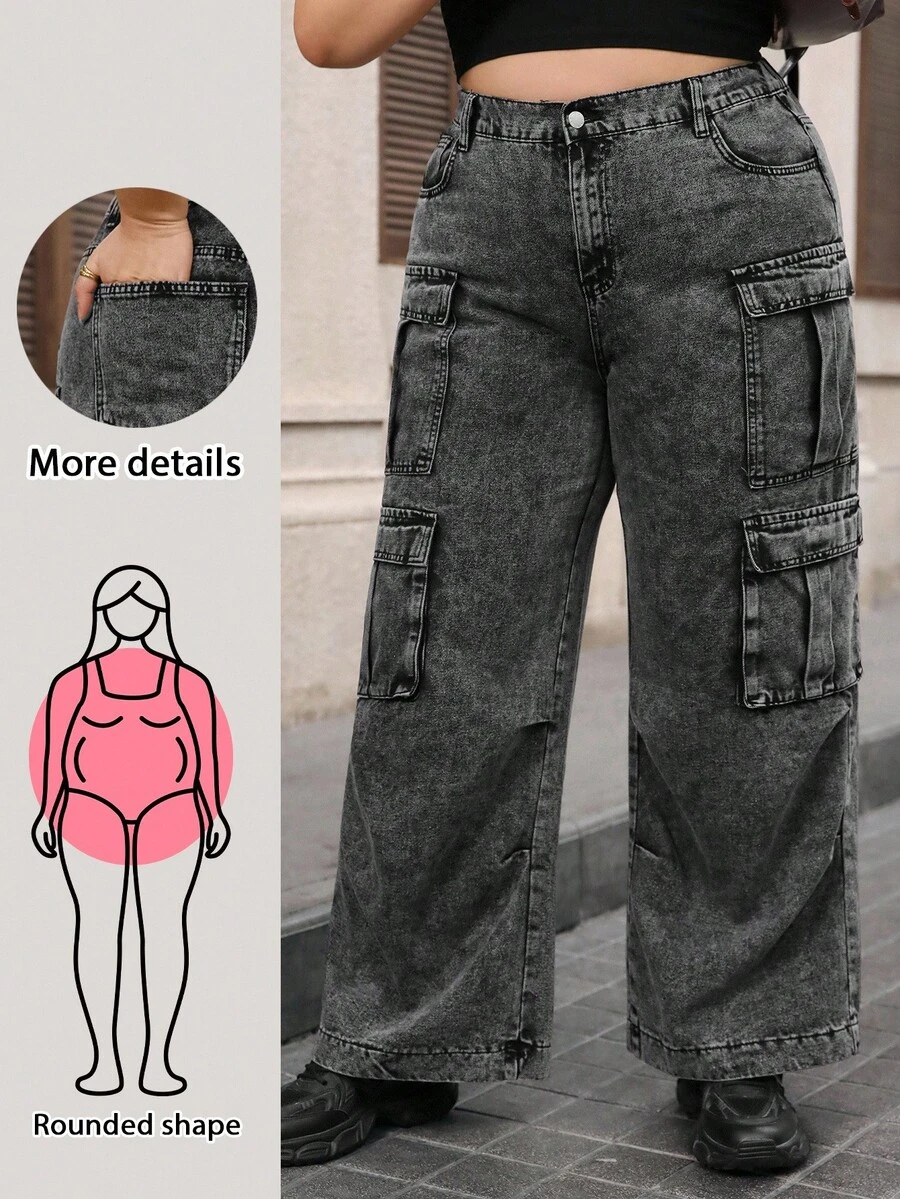 SHEIN Unity Jeans cargo de pierna ancha, corte holgado y talla grande - Negro - Ver 1