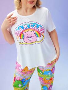 SweetSlumber X Carebears 大码夏季可爱卡通熊印花短袖上衣和裤子睡衣套装 - 彩色 - 查看 3