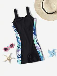 少女植物印花拉鍊一體式泳衣 - 彩色 - 查看 3