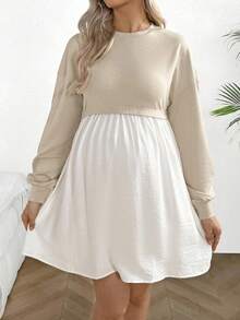 SHEIN 休闲舒适撞色圆领长袖孕妇装 - 彩色 - 查看 1