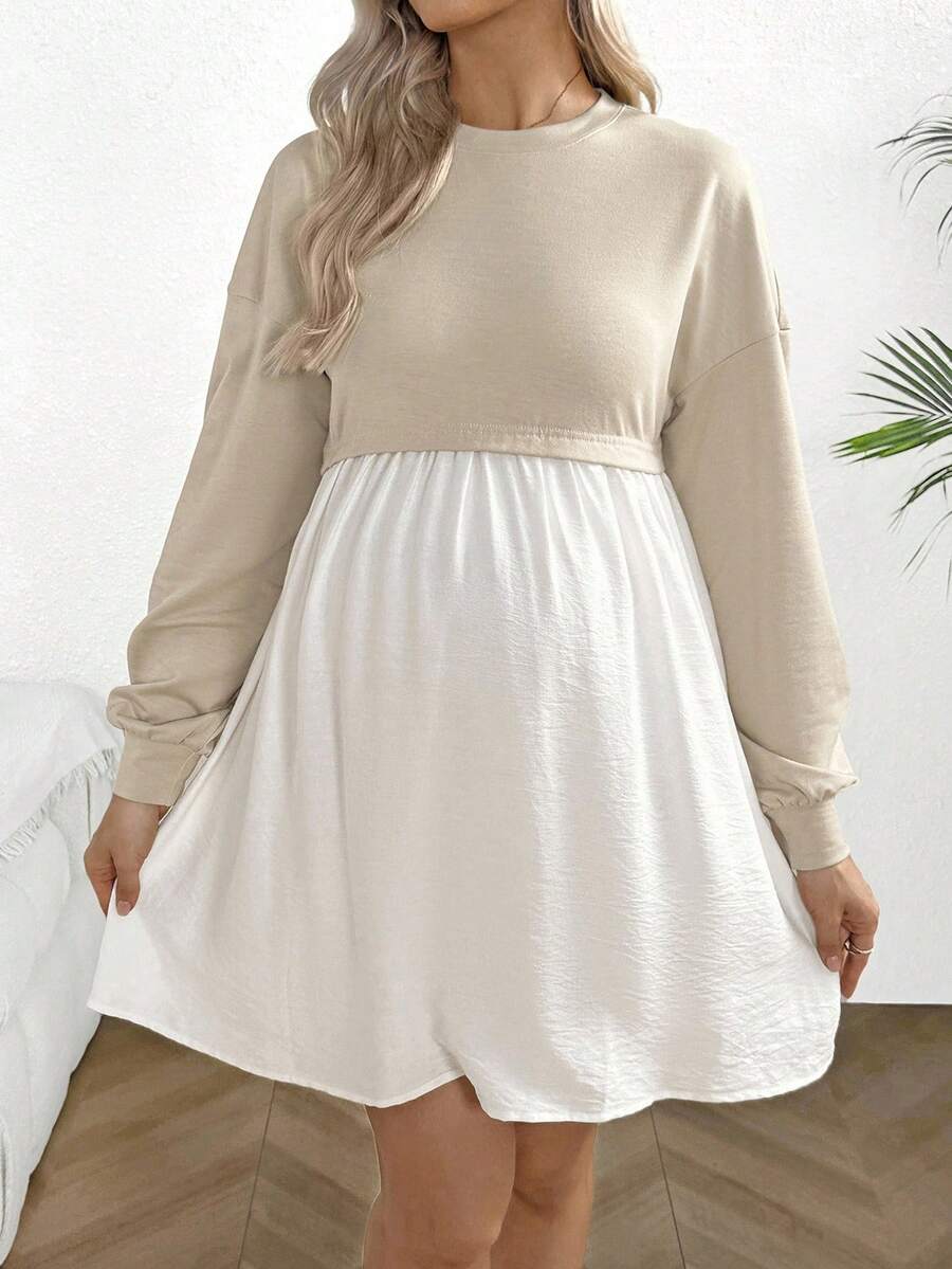 SHEIN 休闲舒适撞色圆领长袖孕妇装 - 彩色 - 查看 1