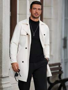 Manfinity Homme 男士纽扣前长袖口袋简约休闲风衣，外出法兰绒风衣，适合送给朋友、丈夫、男朋友的礼物 - 杏色 - 查看 6