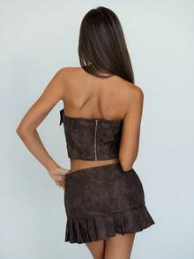 SHEIN ICON 2件套女士性感短款上衣和镂空金属装饰短裙套装 - 棕色 - 查看 2