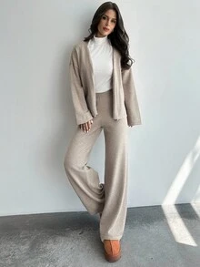 Firerie 女式 V 领裹身系带长袖毛衣上衣和松紧腰宽松毛衣裤套装，基本款简约毛衣套装，秋冬，休闲，长袖，裹身系带，宽松版型，日常通勤休闲家居服 - 卡其色 - 查看 6