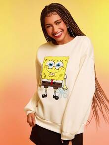SpongeBob SquarePants | SHEIN 女士休闲卡通图案宽松落肩卫衣，秋季 - 杏色 - 查看 5