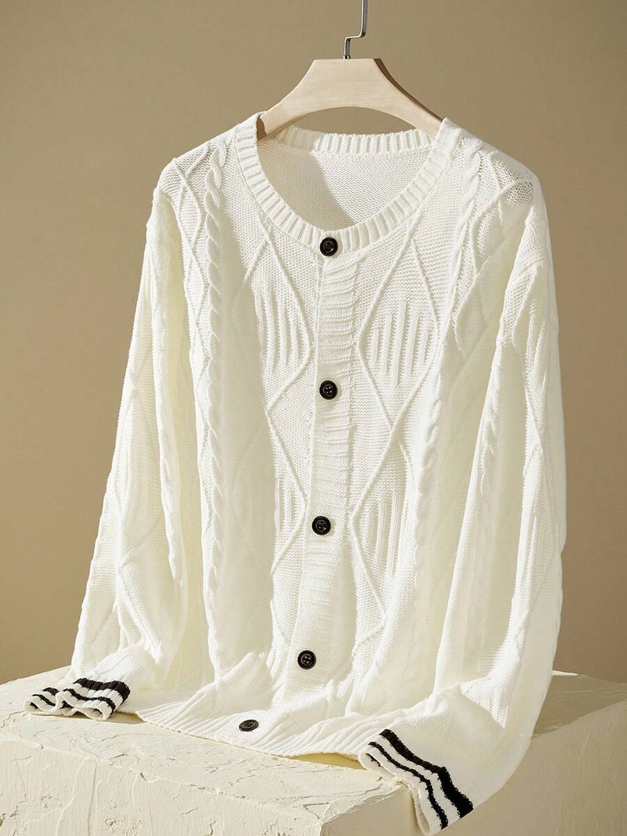 Mainfolk Men's Casual Diamond Cable Knit Contrast Color Cardigan, Fall Winter - Multicolor - View 1