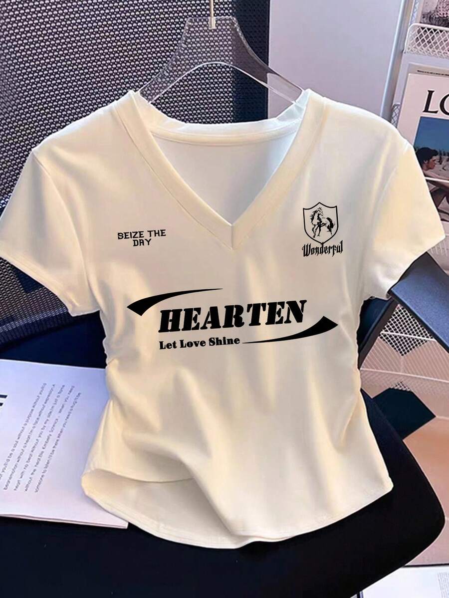 SHEIN EZwear 女式休闲复古V领褶皱腰修身短袖T恤，美式学院风 - 彩色 - 查看 1