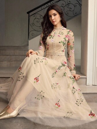 ZEYLAH Women's Stand Collar Long Sleeve Elegant Embroidered Lace Patchwork Dress