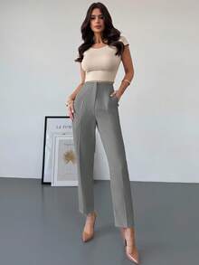 Firerie 女士优雅简约高腰口袋拉链修身杏色九分裤，适合通勤、办公室和日常穿着 - 灰色 - 查看 6