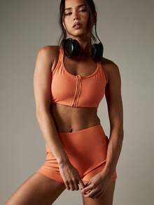 MISSGUIDED Sujetador deportivo de alto impacto con cierre delantero, espalda de tirantes, soporte para entrenamiento, correr, yoga y fitness, top de compresión con cuello alto y panel de malla - Naranja - Ver 3