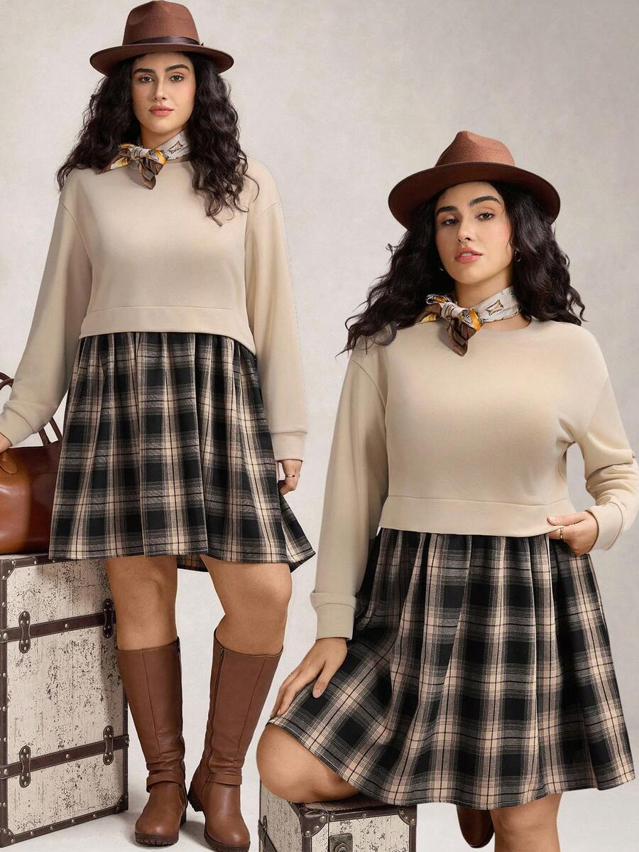 Zelara Robe décontracté grande taille en patchwork à carreaux 2 en 1