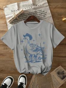 Flirla Plus Size Humorous Goose Print Casual Women Summer T-Shirt Fall Cloth For Women - Grey - View 1