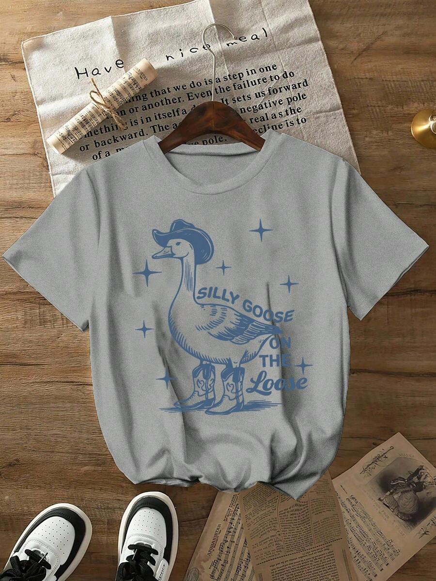 Flirla Plus Size Humorous Goose Print Casual Women Summer T-Shirt Fall Cloth For Women - Grey - View 1