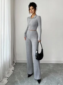 Elenzga 2pcs Autumn Casual Fashion Set, Ribbed Zip-Up Crop Top And Long Straight Pants