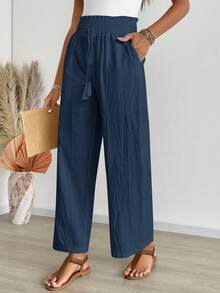 EMERY ROSE 女式休闲纯色抽绳口袋阔腿裤 - 藍色 - 查看 6