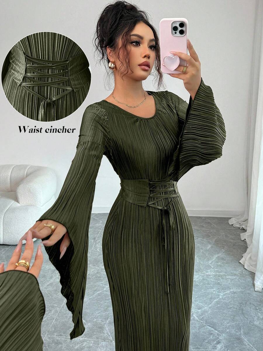 Elenzga Đầm dài thắt eo thanh lịch cỡ tiêu chuẩn dành cho nữ - xanh quân đội - Xem 1