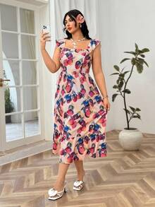 Soleia Plus Size Women Flowy Fruit Print Maxi Dress With Flutter Sleeves, Vacation - Multicolor - View 1