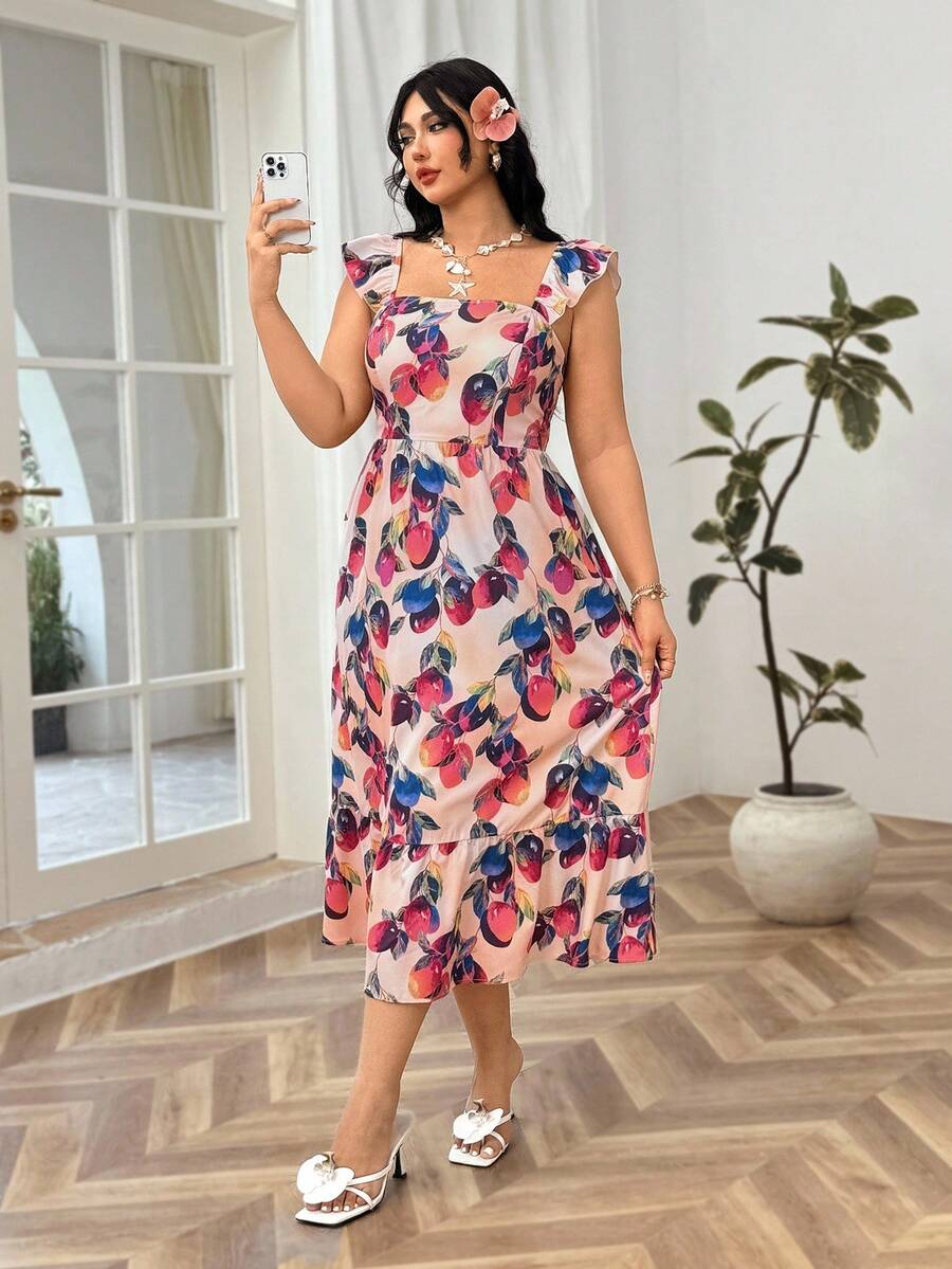 Soleia Plus Size Women Flowy Fruit Print Maxi Dress With Flutter Sleeves, Vacation - Multicolor - View 1