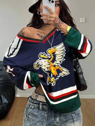 Coolane Camiseta de jersey oversize con cuello en V y estampado de águila, para uso diario, estilo vintage y deportivo Y2K, para mujer, otoño/invierno