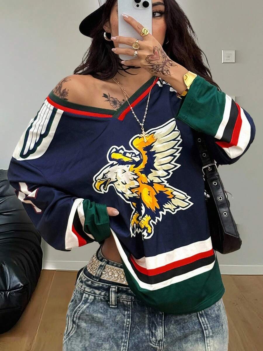 Coolane 女士秋冬街头服饰复古运动休闲 Y2K 日常穿着鹰图案 V 领长袖超大针织 T 恤 - 彩色 - 查看 1