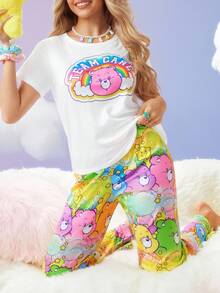 SweetSlumber X Carebears Women's Summer Cute Cartoon Bear Print Top & Pants Pajama Set Cute Pajamas Kawaii Pajamas Care Bear Pajamas Cartoon Pajamas Women - Multicolor - View 5