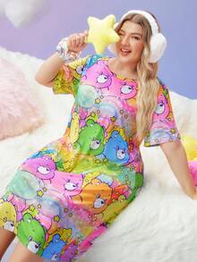 SweetSlumber X Carebears 大码女式可爱卡通熊和渐变彩虹印花短袖宽松睡袍，夏季 - 彩色 - 查看 5