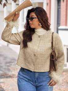 Vionelle Plus Size Elegant Commuter Faux Fur Cuff Cropped Jacket Fall Winter Cloth For Women Winter Autumn - Multicolor - View 4