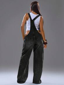 MUSERA 极致露肩背带裤，印花图案，春夏街头风，Y2K酷女孩可爱都市缪斯返校季冬季休闲时尚款 - 黑色 - 查看 3