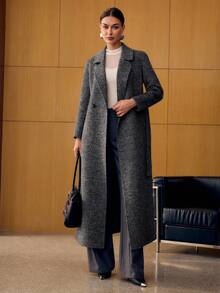 MOTF PREMIUM WOOL LAPEL COLLAR DOUBLE BREASTED PLACKET BELTED LONG OVERCOAT - Dark Grey - View 6