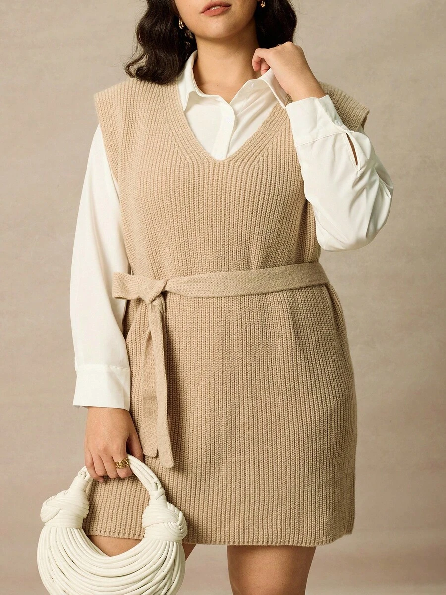 Juhart 另加 1 件秋季腰带罗纹针织毛衣背心 - 卡其色 - 查看 1