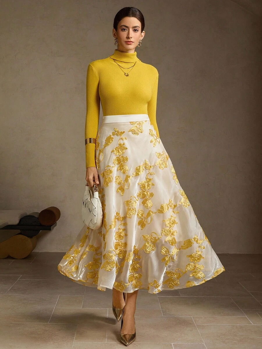 MOTF PREMIUM JACQUARD FLORAL PLEATED SKIRT - Apricot - View 1