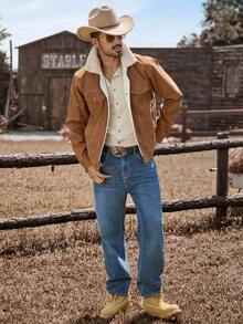 Manfinity Nomadique 男士长袖时尚休闲复古灯芯绒抓绒外套，秋冬款 - 棕色 - 查看 3