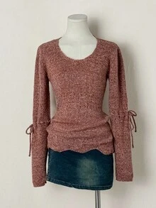 EgrlEra 女士纯色圆领蝴蝶结装饰长袖休闲毛衣，秋季 - 橘色 - 查看 3