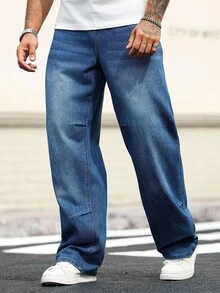 Manfinity Homme Plus Size Men's Loose Fit Pockets Wide Leg Casual Versatile Jeans - Blue - View 8