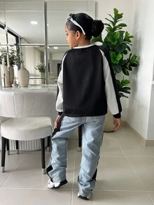 SHEIN 青少年女孩复古街头风格运动卫衣，休闲时尚，适合秋冬季日常穿着 - 黑與白 - 查看 2